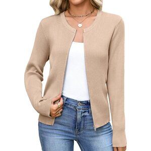 Totatuit Womens Camel Long Sleeves Cardigans Knitted Lightweight Zipper Sweater